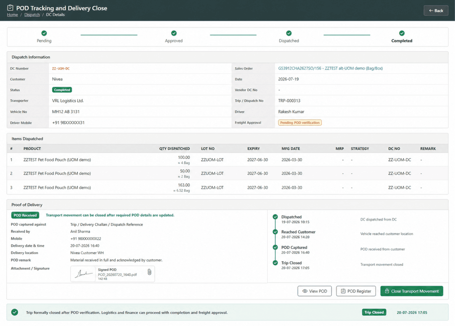 Proof of delivery, freight billing and transporter settlement in logistics ERP